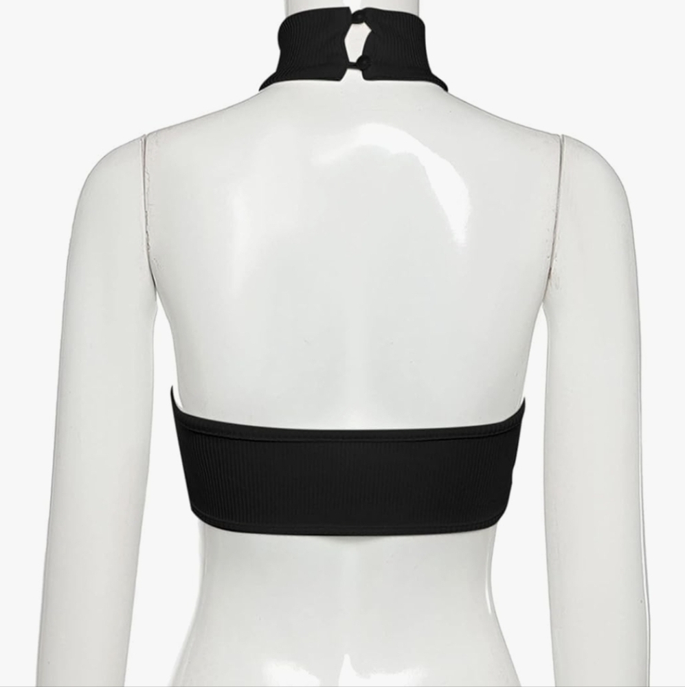 ☆5/$15☆Black Ribbed Halter Neck Crop Top with Collar | Size XS - Picture 13 of 13
